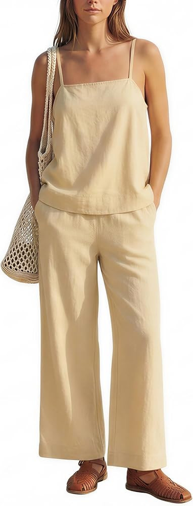 MAKABO Women's Two Piece Beach Vacation Pant Set Summer, Linen Feel Comfy Travel Outfits Casual T... | Amazon (US)
