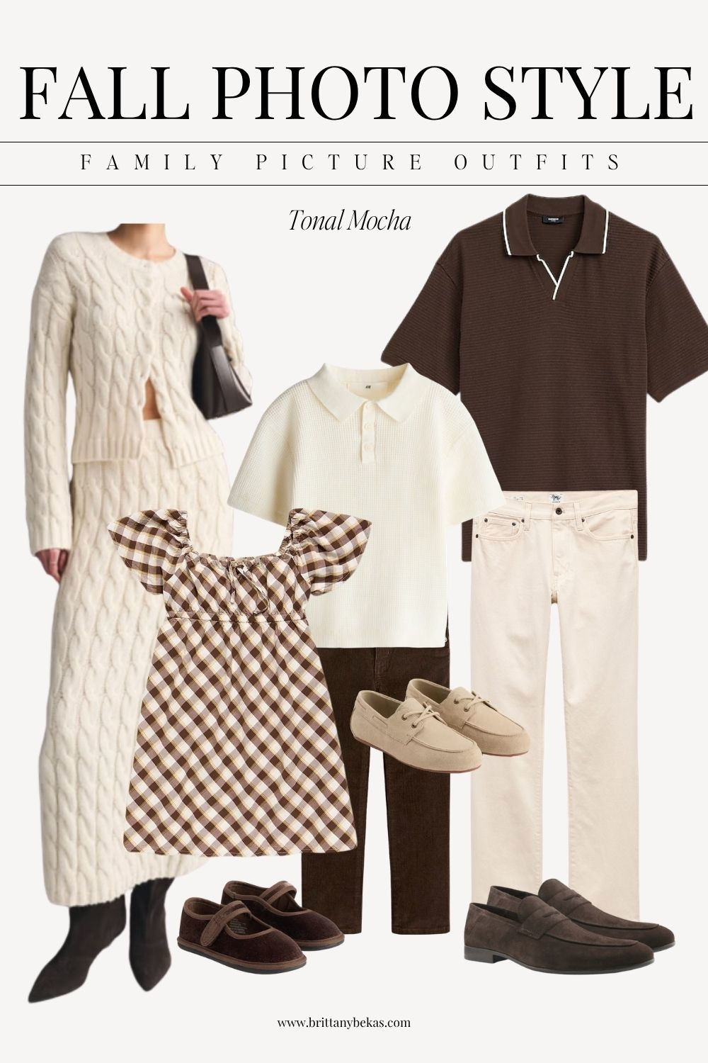 Soft mocha, cream and chocolate brown create a warm neutral family photo palette that feels cozy but still elevated. The mix of cable knit, gingham and simple neutrals adds just enough texture for fall photos without making the outfits feel busy.