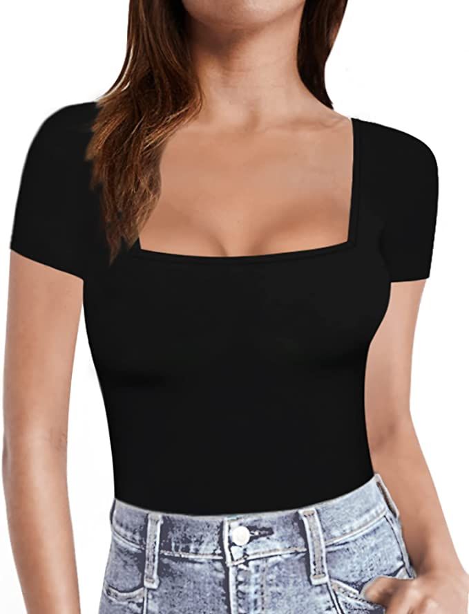 MANGOPOP Womens Short Sleeve/Long Sleeve Square Neck T Shirts Tops Tees | Amazon (US)