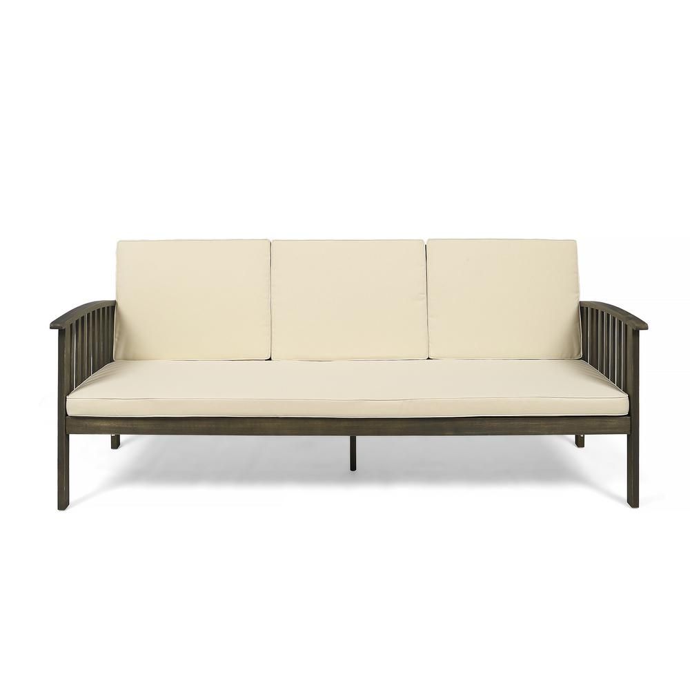 Noble House Carolina Gray 1-Piece Wood Outdoor Couch with Cream Cushions | The Home Depot