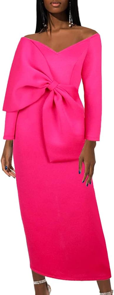 nuoshang Women's Off Shoulder Long Sleeve Big Bow Slim Pencil Maxi Dress | Amazon (US)