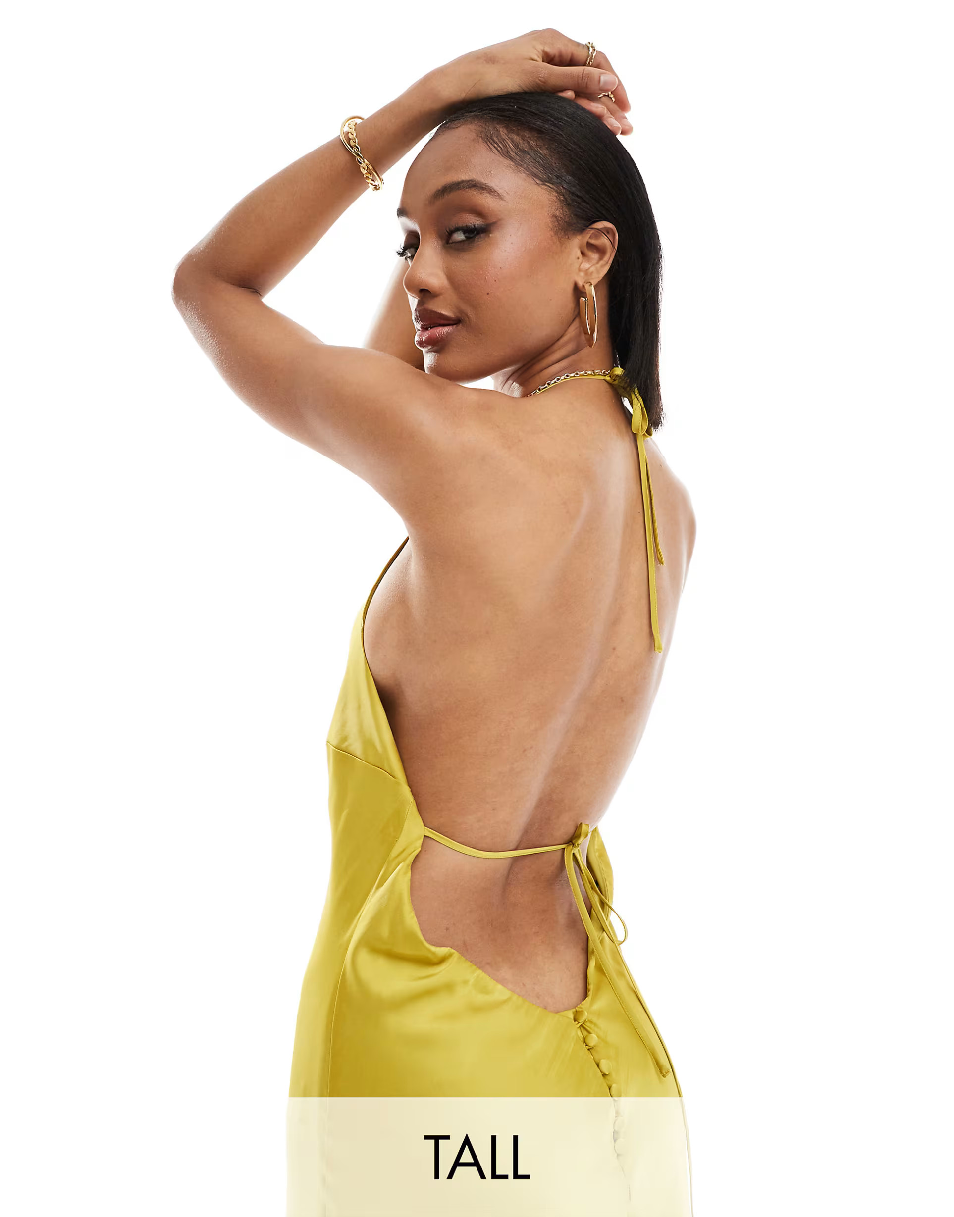 TFNC Bridesmaids Tall satin maxi dress with tie back and button detail in lime | ASOS (Global)