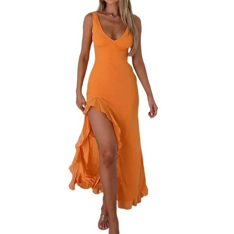 Women V Neck Sleeveless Mesh Ruffle Hem Bodycon Maxi Casual Backless High Slit Cocktail Party Dre... | Walmart (US)