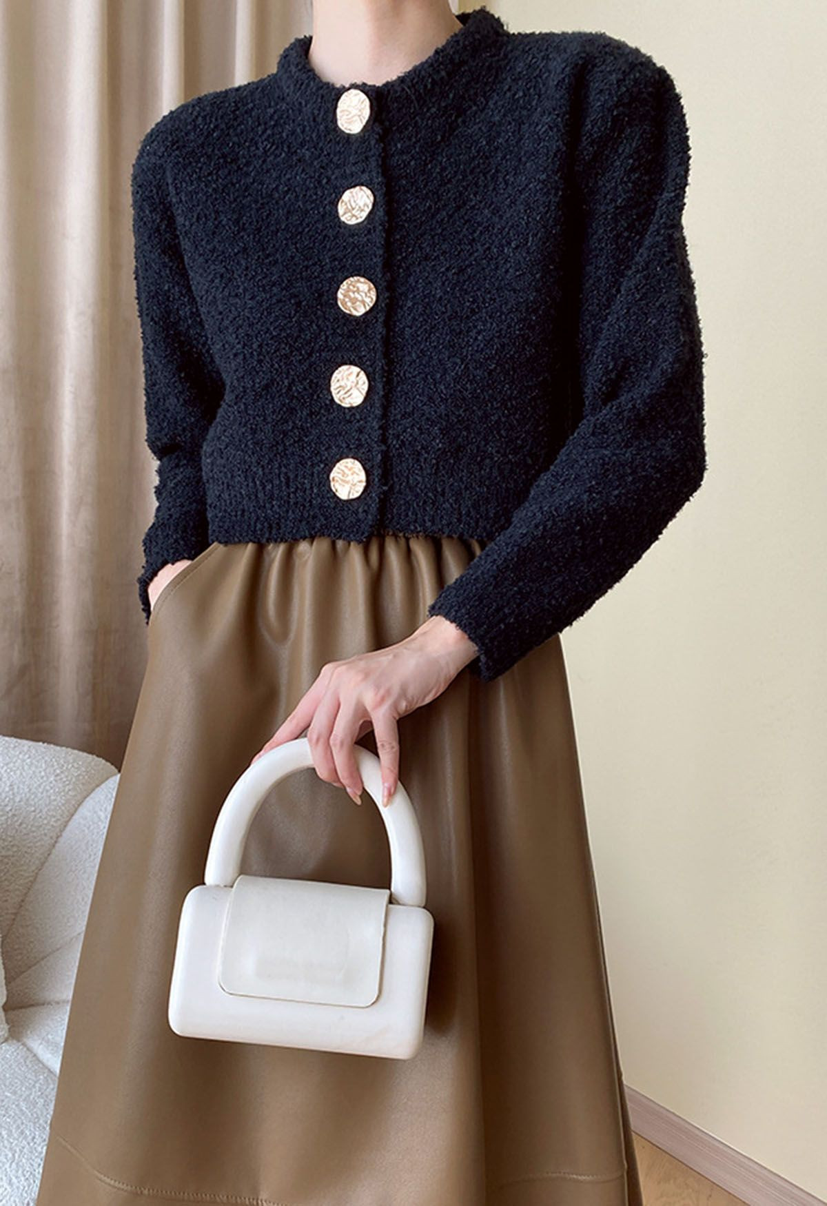 Golden Button Front Crop Knit Cardigan in Black | Chicwish