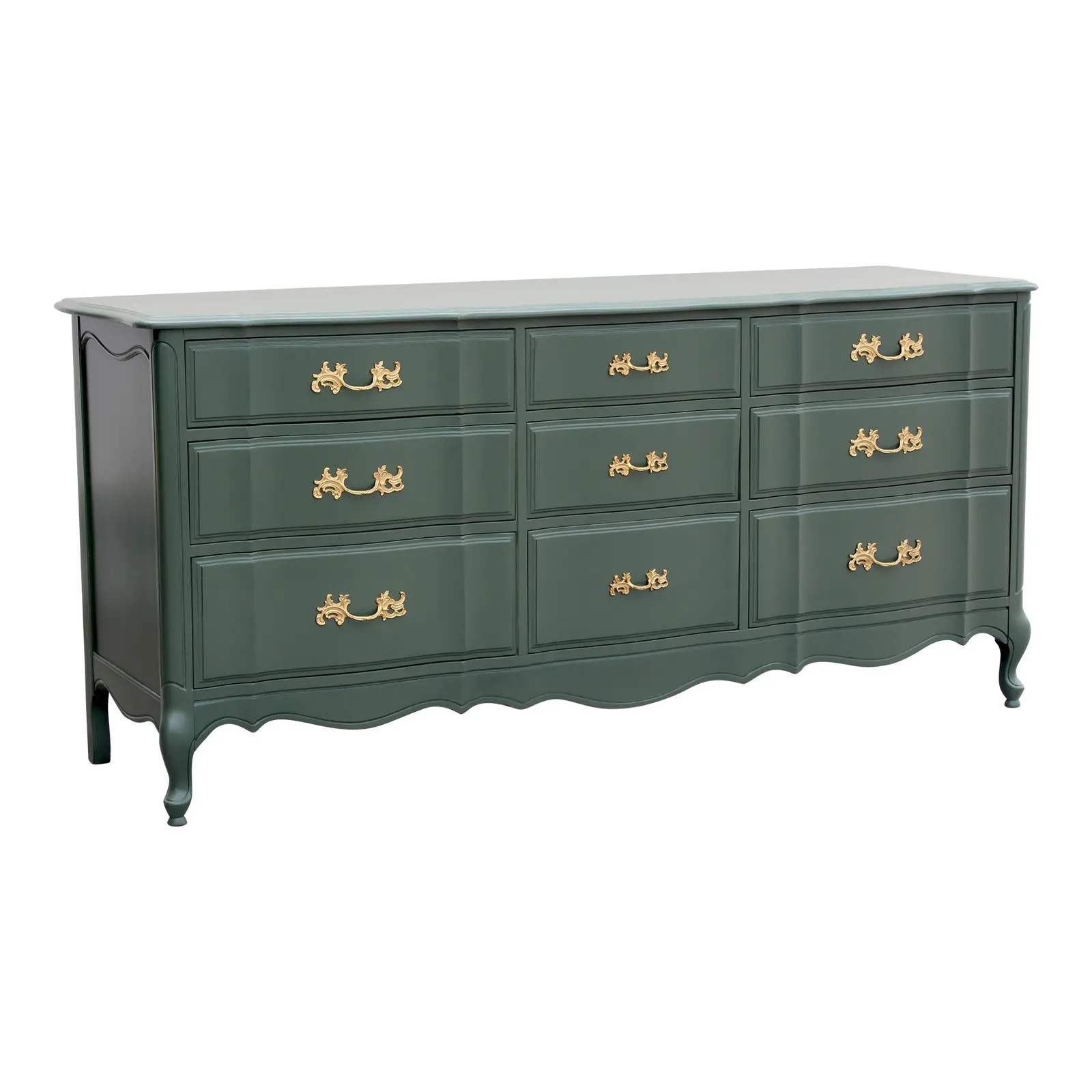 1970's French Provincial Green Dresser of Nine Drawers | Chairish