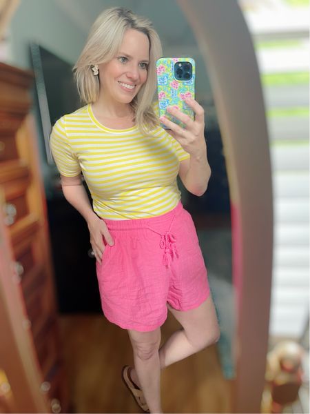 Yellow striped t-shirt, pull on shorts, casual mom outfit, summer outfits, colorful outfits 

#LTKFindsUnder100 #LTKOver40 #LTKFindsUnder50