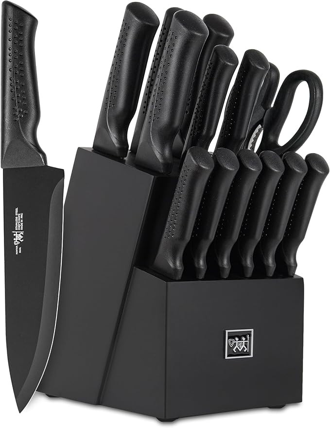 Knife Set, 15 Pcs Kitchen Knife Set with Block Self Sharpening, Dishwasher Safe, 6 Steak Knives, ... | Amazon (US)