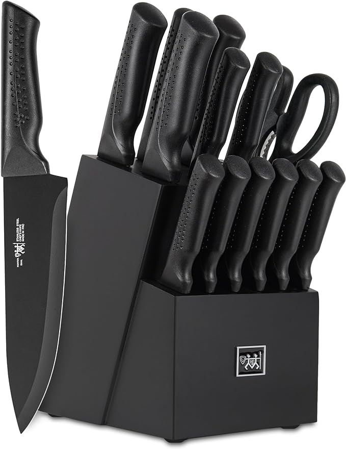 knife set, 15 Pcs Black knife sets for kitchen with block Self Sharpening, Dishwasher Safe, 6 Ste... | Amazon (US)