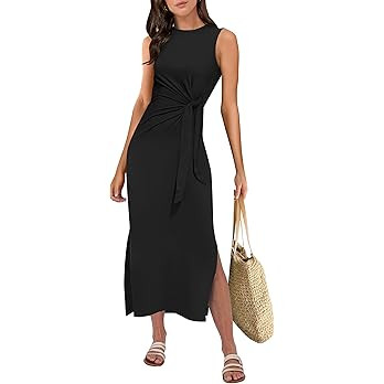 ANRABESS Womens Summer Casual Sleeveless T Shirt Midi Dress Slim Fit Tie Waist Split Tank Long Dr... | Amazon (US)