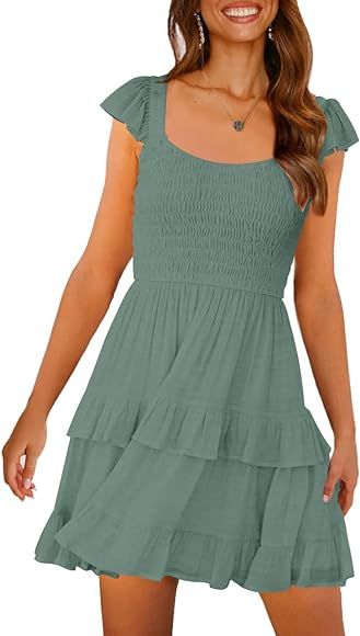 LEANI Womens 2023 Summer Ruffle Dresses Boho Smocked Babydoll Mini Dress Flowy Beach Sundress | Amazon (US)