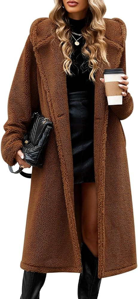 Women's Fuzzy Fleece Hooded Coat Winter Oversize Long Cardigan Jacket Warm Faux Fur Outwear with ... | Amazon (US)