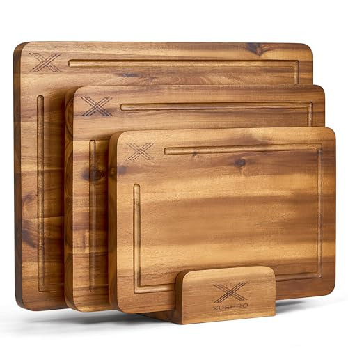 Xushro Acacia Wood Cutting Board Set of 3 with Stand - (16x12 / 14x10 / 12x8) Thick Wooden Chopping Boards with Deep Juice Grooves, Non-Slip & Durable Wooden Boards for Meat & Vegetables - Natural | Amazon (US)