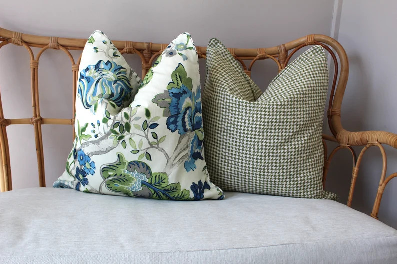 P Kaufmann Fanciful Florale, Hampton Style Green Navy Cushions, Large Floral Australian Made Cush... | Etsy (US)