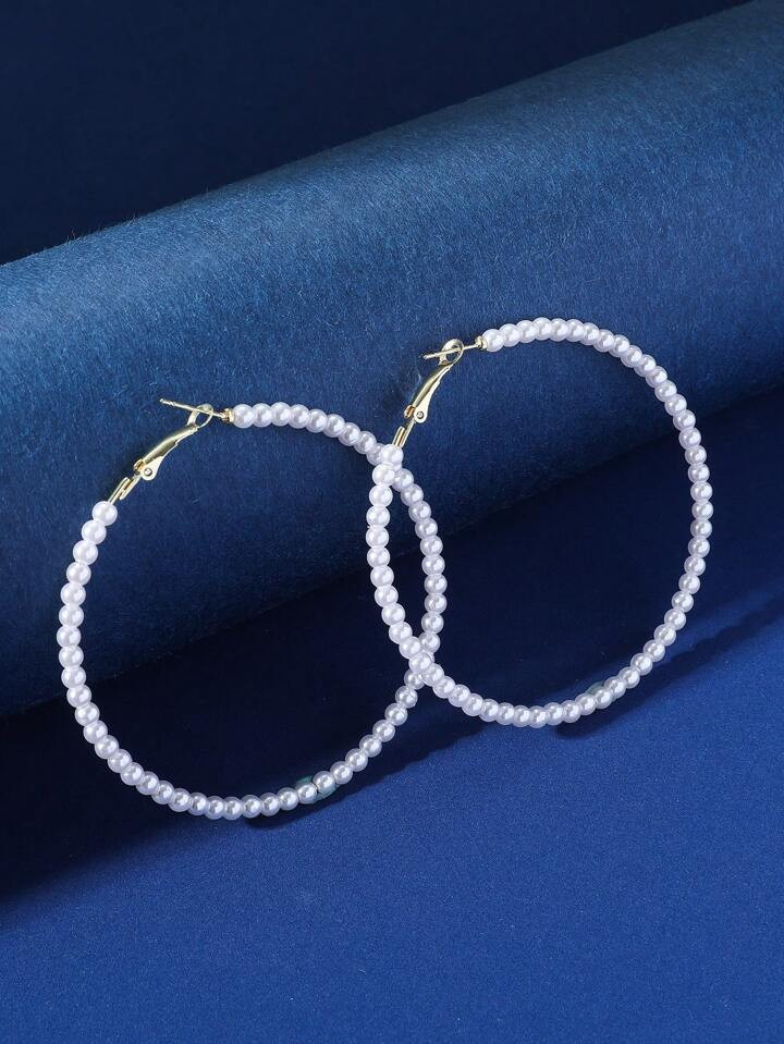 1pair Fashionable Iron Gold-Plated Exaggerated Imitation Pearl Hoop Earrings Suitable As A Gift F... | SHEIN