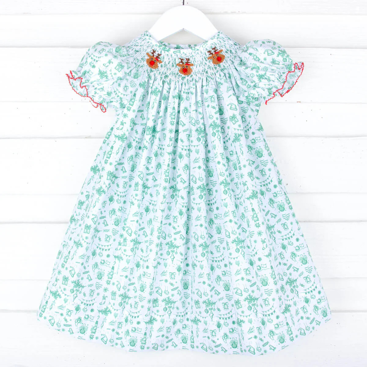 Reindeer Cheer Smocked Green Toile Bishop Dress | Classic Whimsy