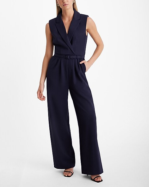 Sleeveless Padded Shoulder Belted Wide Leg Blazer Jumpsuit | Express