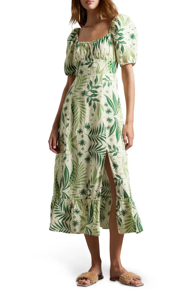 Print Puff Sleeve Linen Dress | Nordstrom