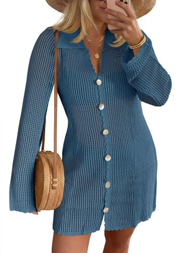 Saodimallsu Womens Crochet Swimsuit Coverup Button Down Long Sleeve Cardigan Mini Dress Beach Cover Ups Vacation Outfits Blue | Amazon (US)
