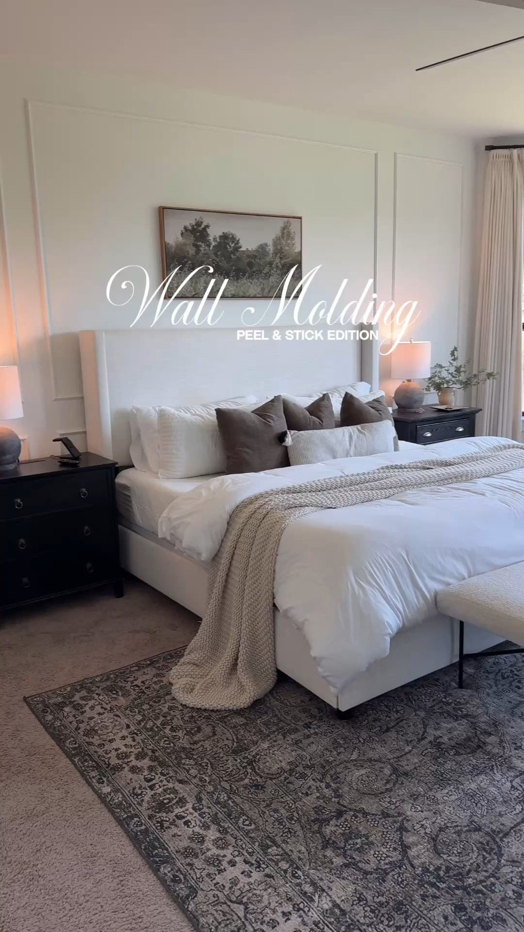 Peel and stick wall molding, neutral bedroom, cozy bedroom, modern primary bedroom