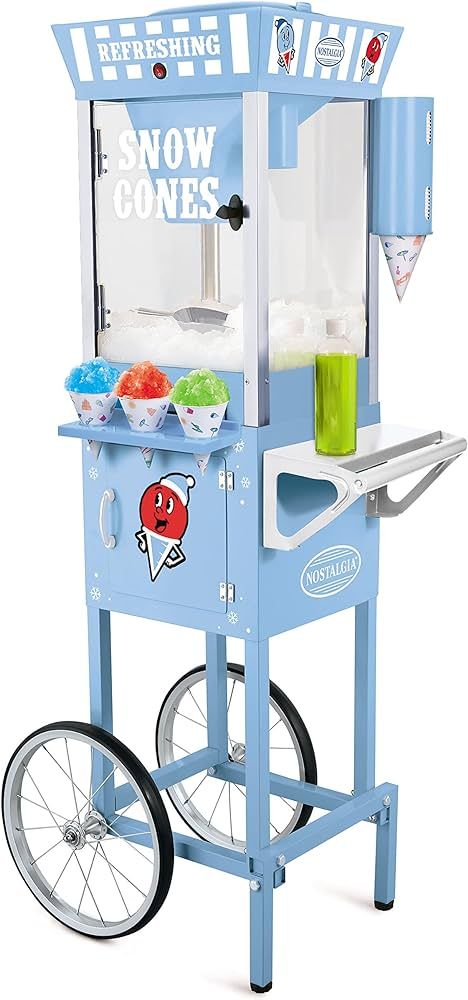 Nostalgia Snow Cone Shaved Ice Machine - Retro Cart Slushie Machine Makes 72 Icy Treats - Includes Metal Scoop, 2 Syrup Bottles, 100 Paper Cups/Spoons, Storage Compartment, Wheels - Blue, 54" Tall | Amazon (US)