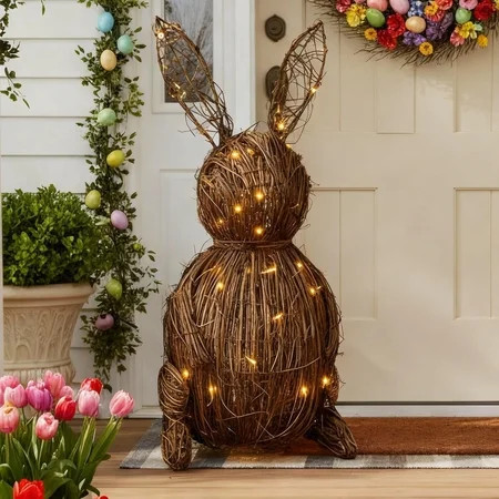 AHeartcove Large 20'' Wicker Easter Bunny Lit Light Up Rattan Bunny Outdoor Woven Wicker Rabbit Topiary Easter Porch Decor Spring Rabbit Decoration for Home Farmhouse Table Kitchen | Walmart (US)