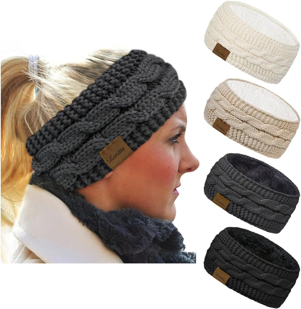 Loritta 4 Pack Womens Winter Headbands Fuzzy Fleece Lined Ear Warmer Cable Knit Thick Warm Croche... | Amazon (US)