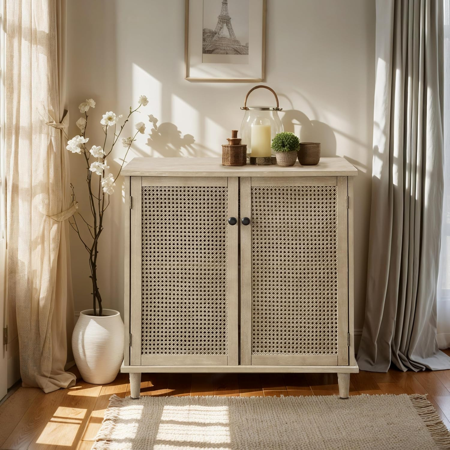 2 Door Rattan Storage Cabinet, 32'' Sideboard Buffet Kitchen Storage Cabinet with Rattan Doors, Multifunctional Cupboard Console Table with Shelf, Living Room Sofa Accent Cabinet, Natural | Amazon (US)