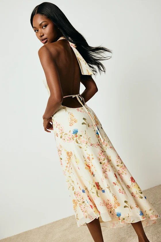 Asa Cream Floral Halter Asymmetrical Midi Dress | Lulus