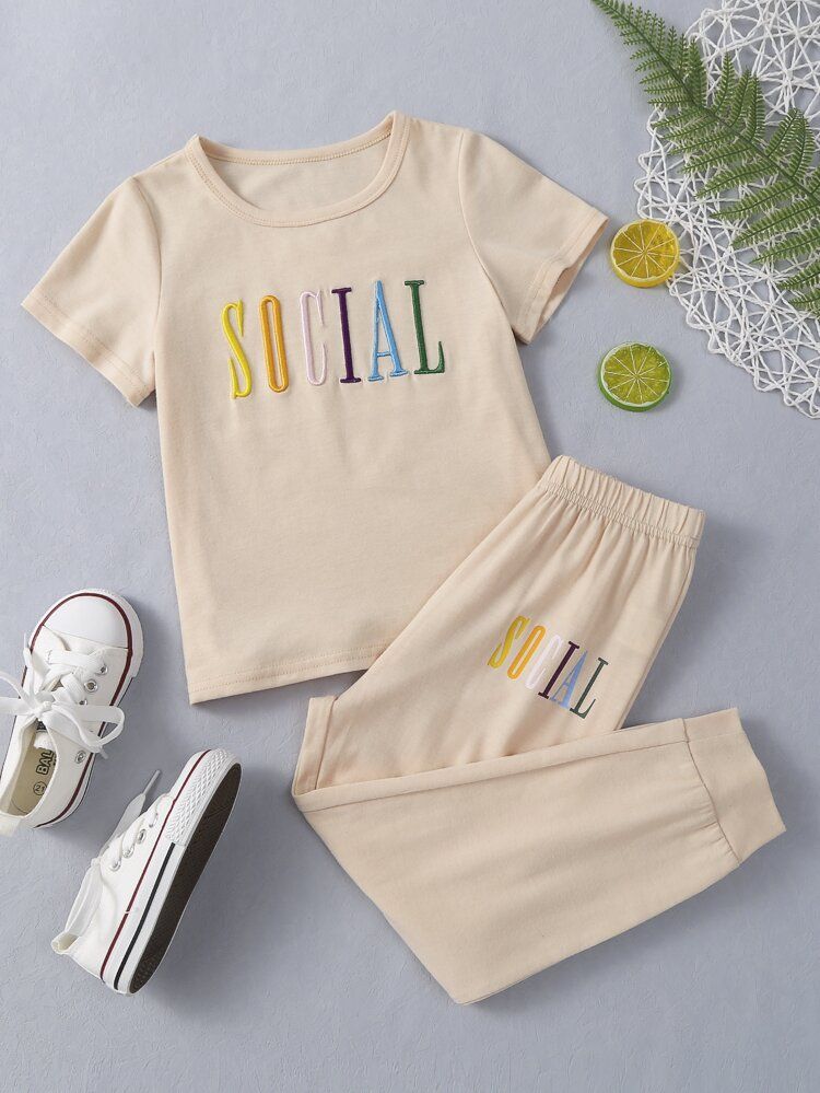 Toddler Girls Letter Embroidery Tee & Sweatpants | SHEIN