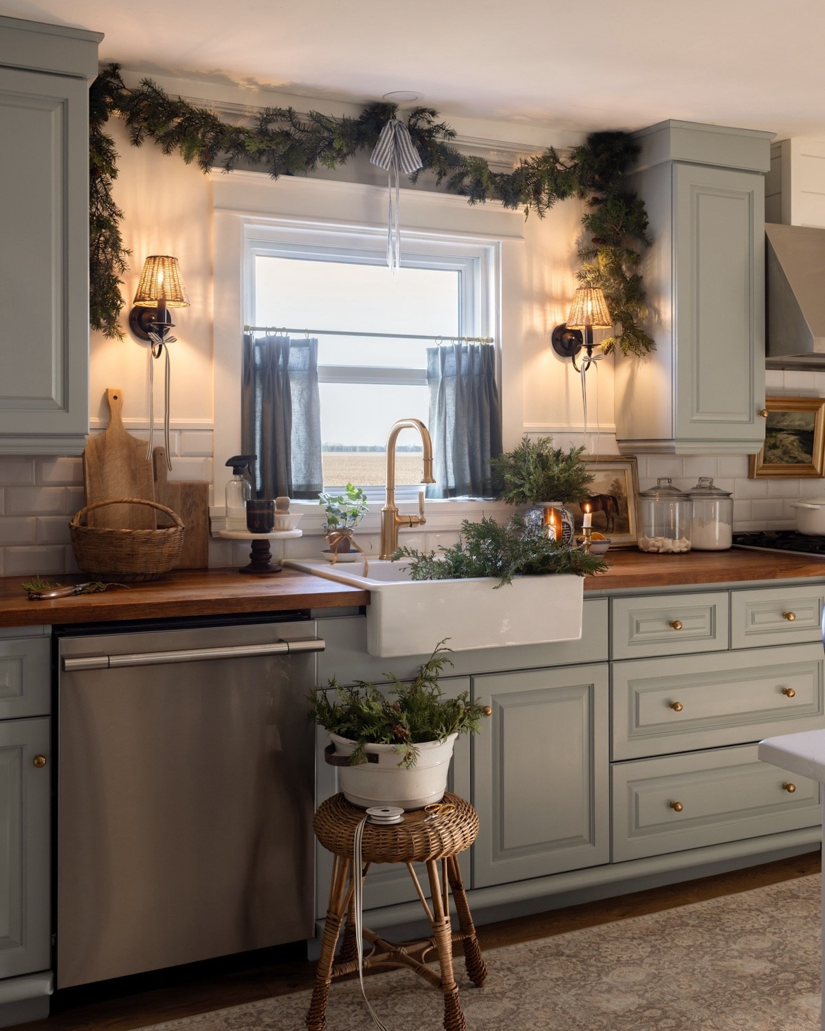 Cozy Christmas kitchen.🎄🤍 Cabinet color is Benjamin Moore Mount St Anne, wood counters are IKEA.

#LTKHome #LTKSeasonal #LTKHoliday