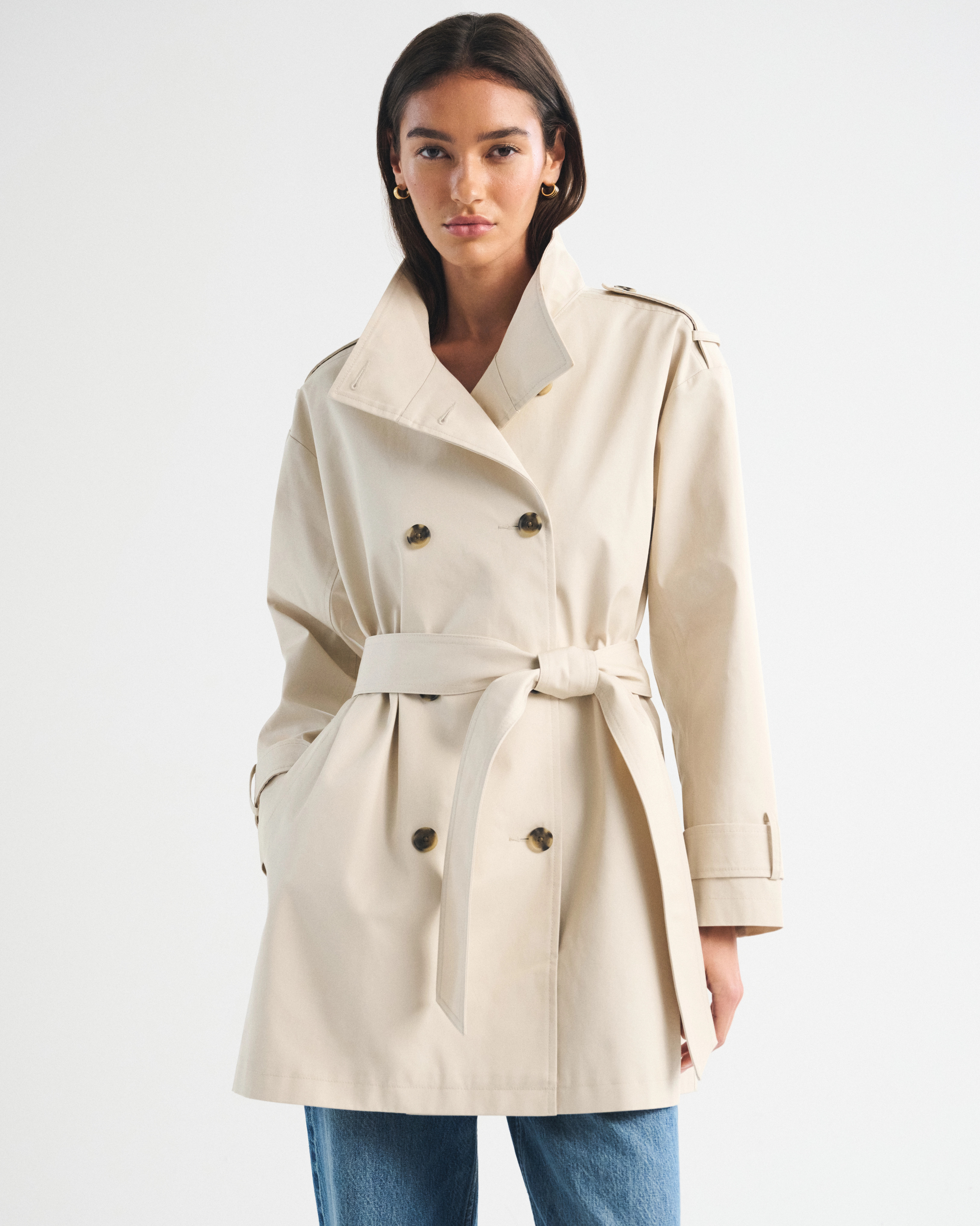 100% Cotton Mock Neck Belted Mid-Length Trench Coat | Abercrombie & Fitch (US)
