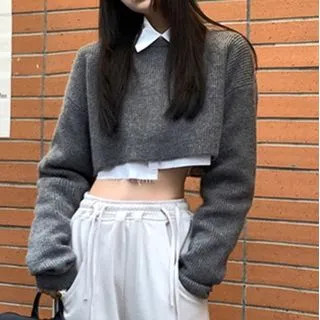 Crew Neck Plain Loose Fit Cropped Sweater | YesStyle Global