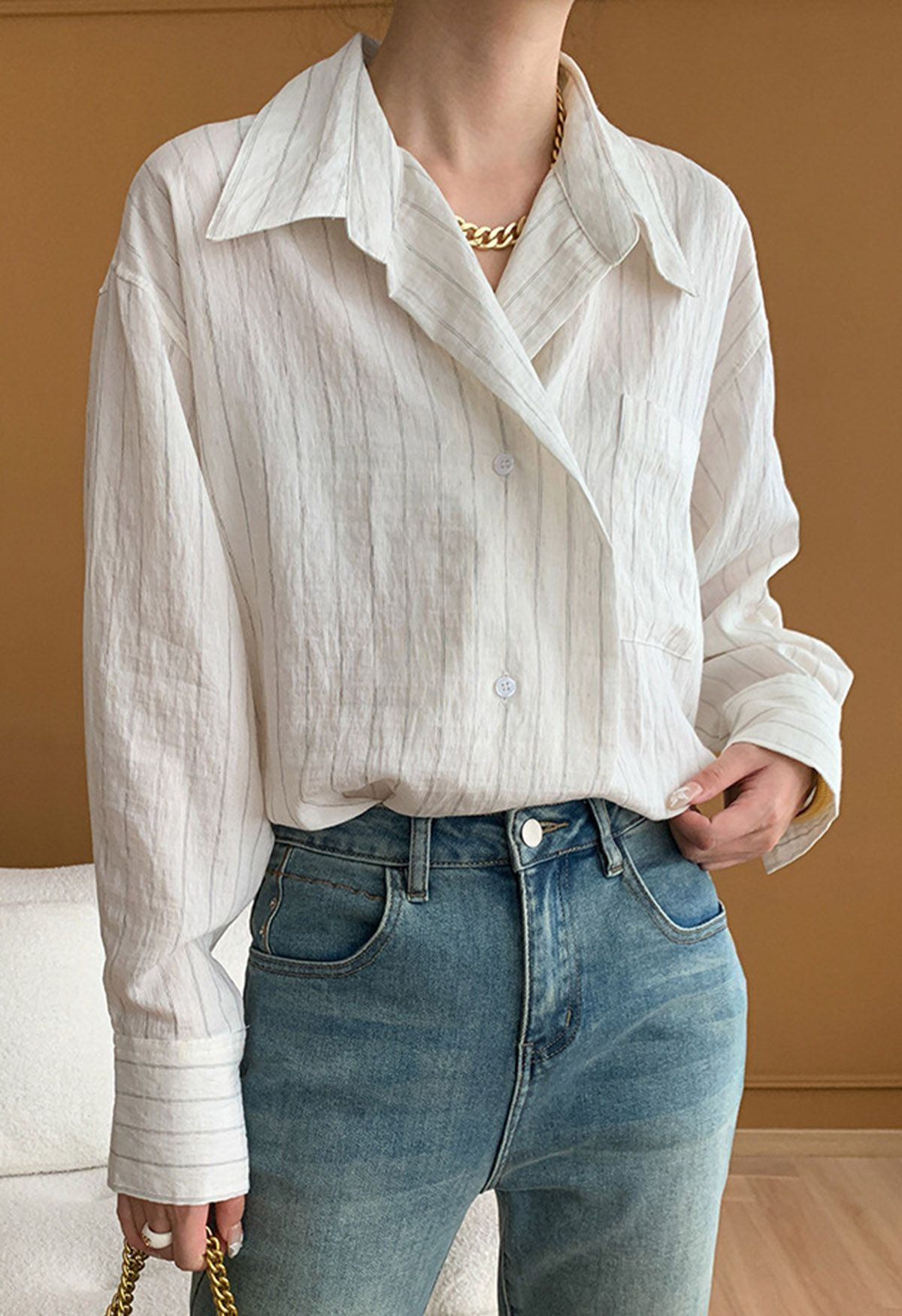 Striped Collared Patch Pocket Shirt in White | Chicwish