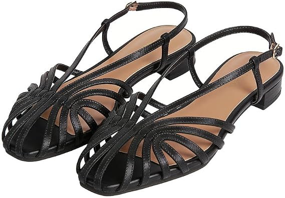 MAVMAX Slingback Flat Sandals for Women Fashion Strappy Square Toe Low Heeled Flats with Adjustable Buckle Summer Comfortable Dressy Shoes | Amazon (US)