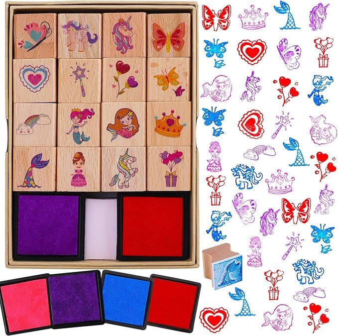 HOWAF 16pcs Wooden Stamps for Kids Girls Crafts with Ink Pad 4pcs, Unicorn Mermaid Princess Heart... | Amazon (US)