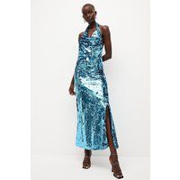 Karen Millen Sequinned Halter Neck Column Midi Dress -, Blue | Karen Millen UK & IE