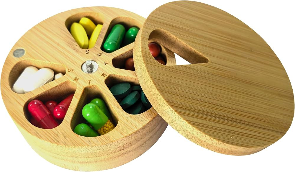 fashciaga Bamboo Wood Daily Weekly Vitamin Medicine Pill Organizer Case Box,Kitchen Salt Spice Ce... | Amazon (US)