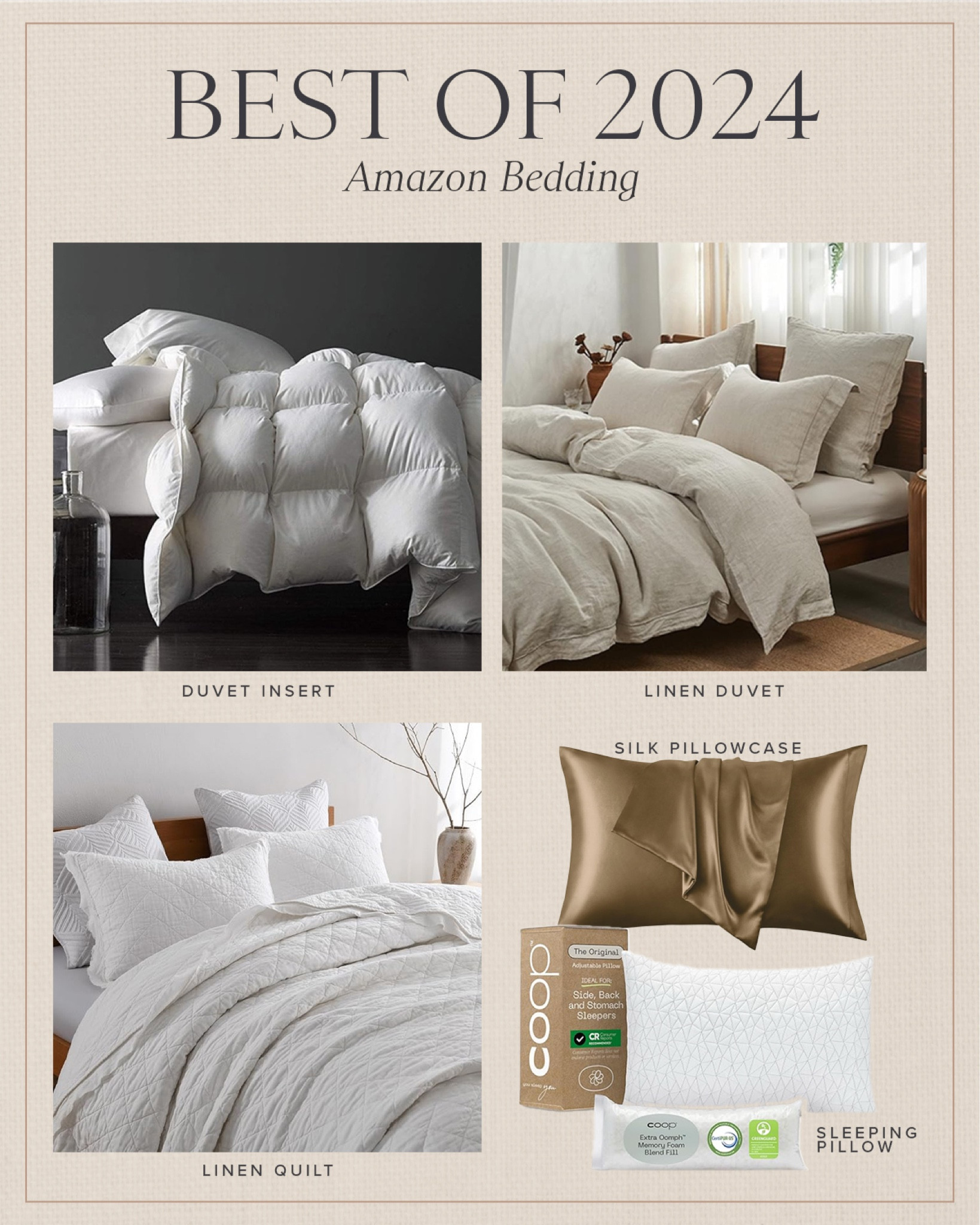 AMAZON \ best of 2024 bedding! My favorite sleeping pillow, silk pillowcase, duvet insert, linen duvet cover and linen bed quilt!

Bedroom
Home Decor 

#LTKFindsUnder100 #LTKHome