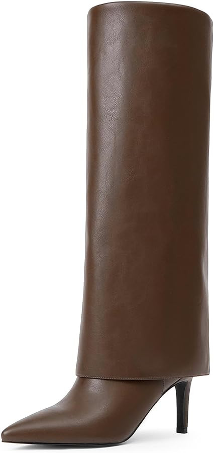 Knee High Boots Women Fold Over Boots Pointed Toe Stiletto Heel Tall Slouchy Boots Zipper Dress L... | Amazon (US)
