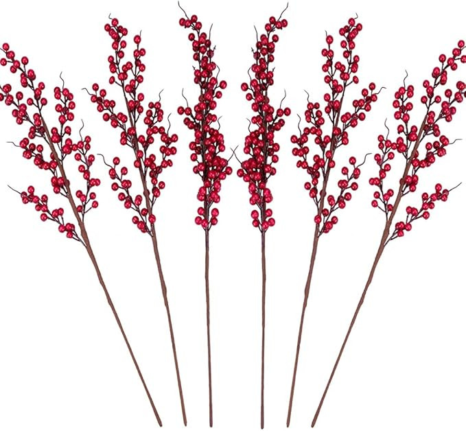 GREENTIME 6 Pack Red Artificial Long Berry Stems Fake 25.2" Christmas Picks Faux Holly Berries Br... | Amazon (US)