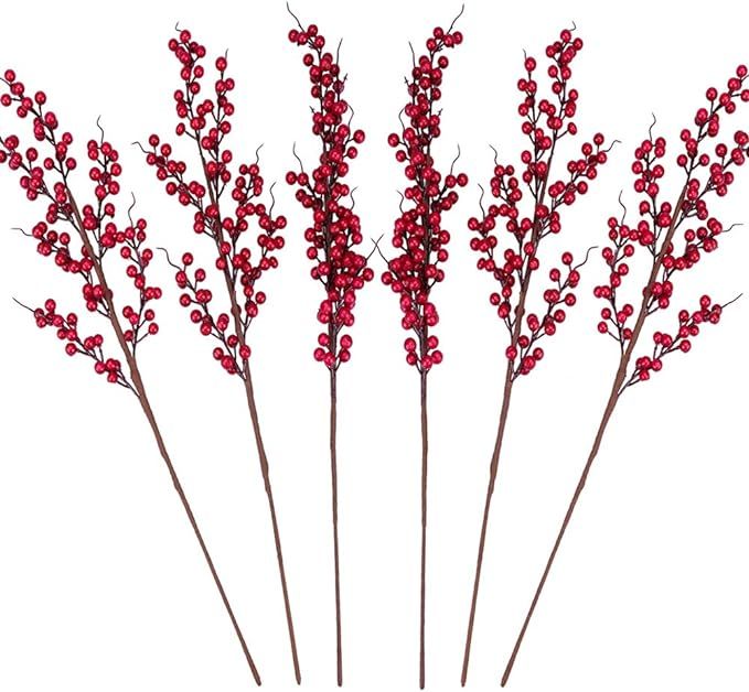 Greentime 6 Pack Artificial Berry Long Stems Fake 25.2 Inches Christmas Red Berries Faux Holly Be... | Amazon (US)