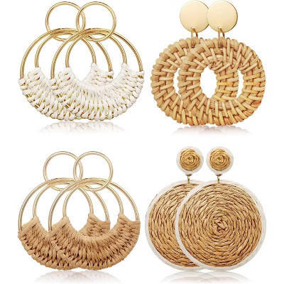 4 Pairs Handmade Raffia Rattan Bohemian Round Drop Dangle Earrings for Women, Boho Statement Cute Fun Hoop Earrings Set | Target