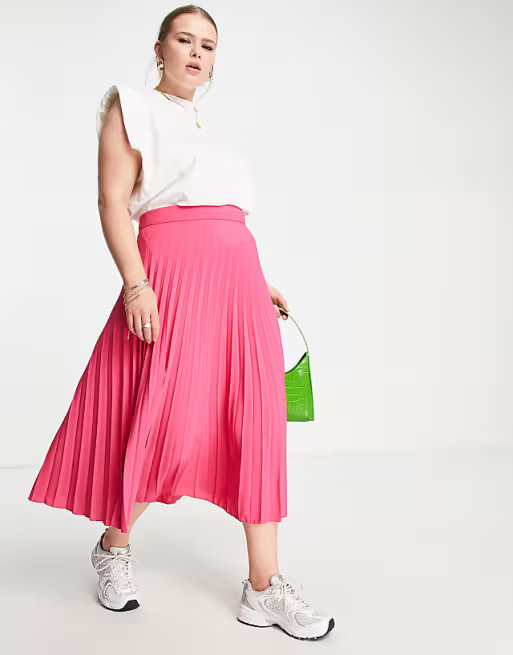 River Island Plus pleated midi skirt in bright pink | ASOS (Global)