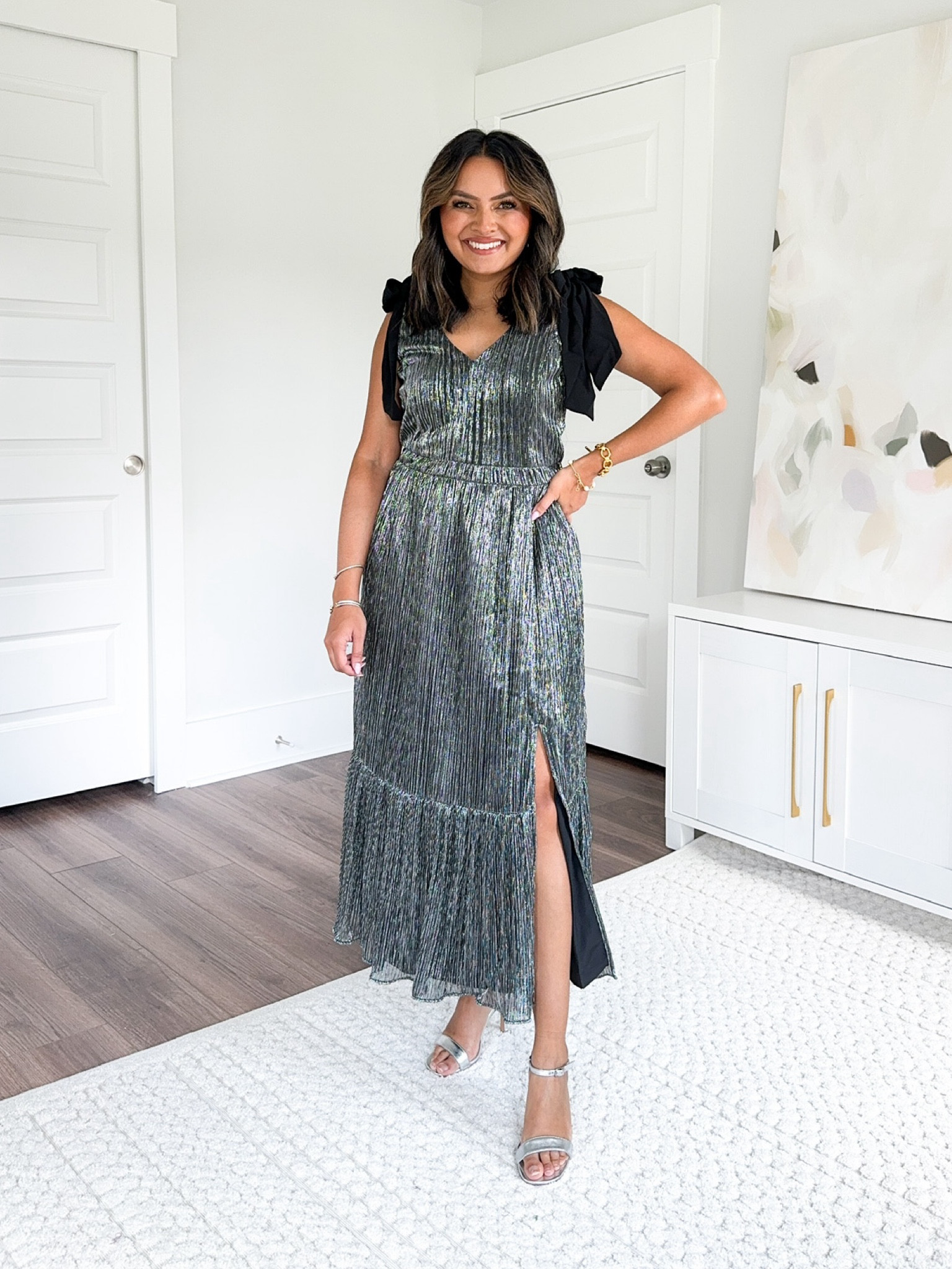 Metallic tie strap tiered maxi dress size 0 petite TTS 
Silver heels size 5 TTS 

Fall Outfits 
Fall Dresses 
Fall Style 
WorkWear Dress 
Wedding Guest Dress 
Date night dress 
Girls night dress 
Fall photos dress 
Family Photo dress 

Honey Sweet Petite Honeysweetpetite



#LTKStyleTip #LTKWedding #LTKFallSale