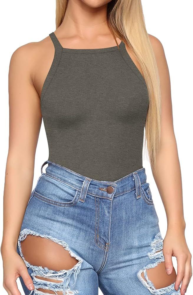 MANGOPOP Women's Strappy Sleeveless Halter Neck Racerback Tank Tops Bodysuit Jumpsuits | Amazon (US)