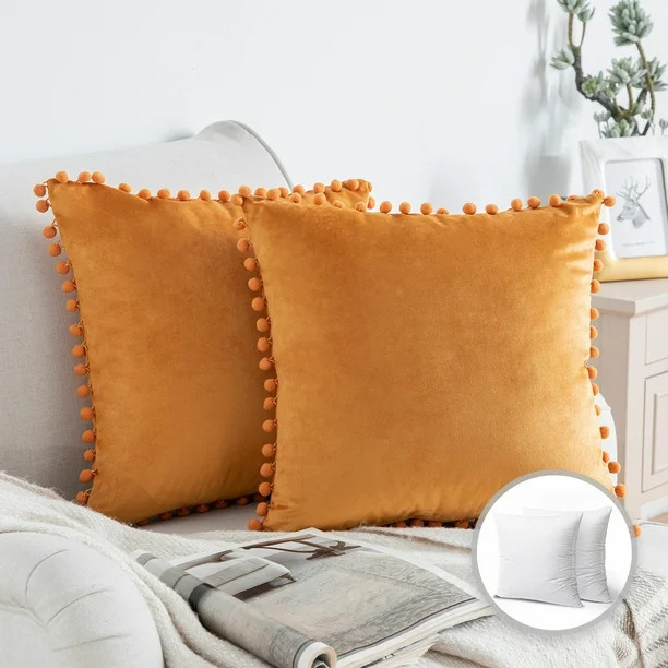 Phantoscope Pom Pom Velvet Series Decorative Throw Pillow, 18" x 18", Orange, 2 Pack - Walmart.co... | Walmart (US)