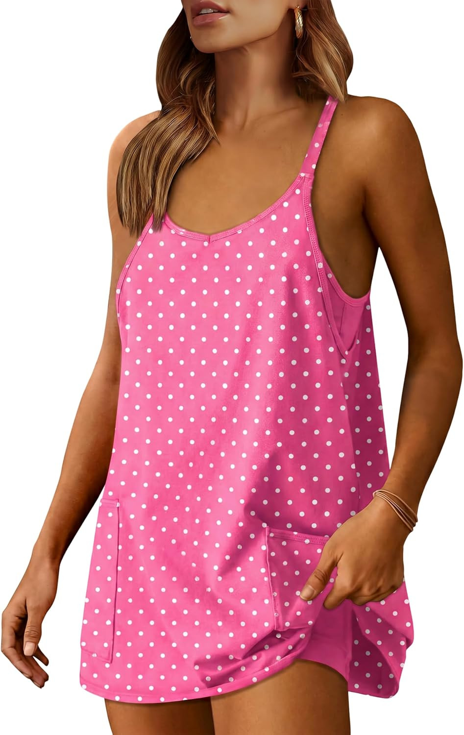 Lentta Women's Athletic Sleeveless Mini Dress Polka Dot V Neck Built-in Shorts Tennis Sundress Summer Beach Workout | Amazon (US)