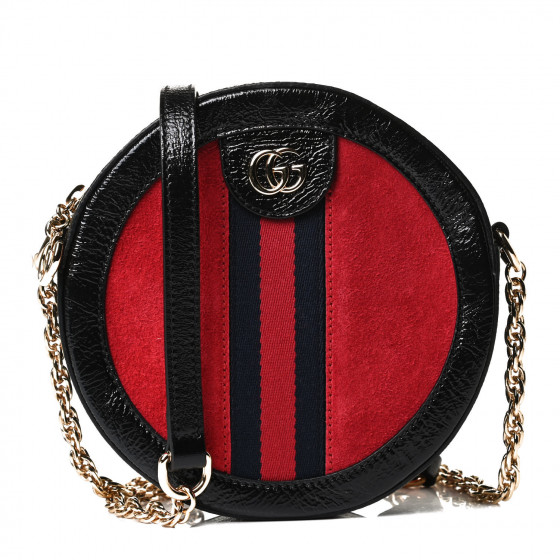 GUCCI Suede Patent Web Mini Ophidia Round Shoulder Bag Hibiscus Red Black | Fashionphile