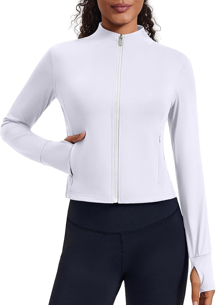 PINSPARK Women Cropped Workout Jackets Full Zip Slim Fit Athletic Jackets Thumb Holes Running Jac... | Amazon (US)