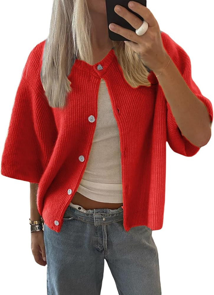Women Y2k Knitted Crop Cardigan Short Sleeve Button Up Rib Knit Solid Color Cute Sweater Shirt | Amazon (US)